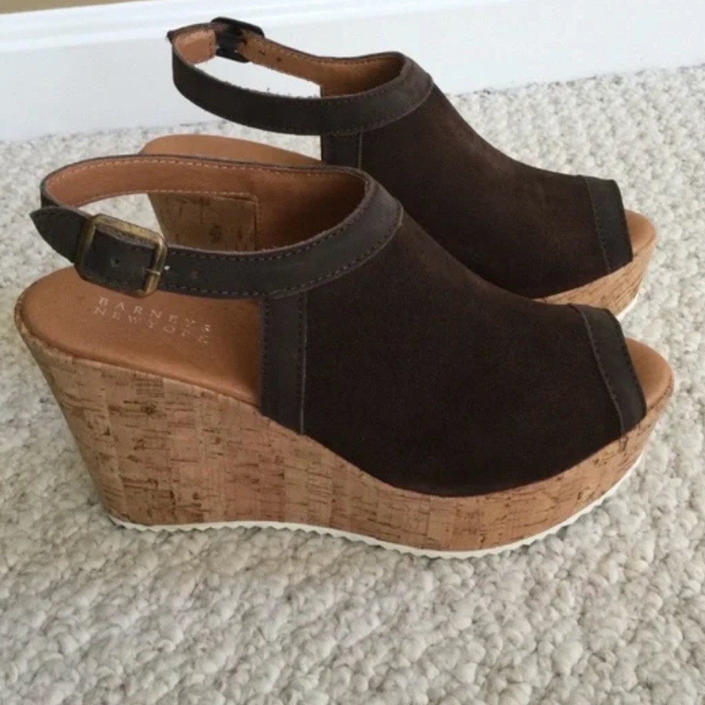 Barneys New York chocolate suede wedges size 7